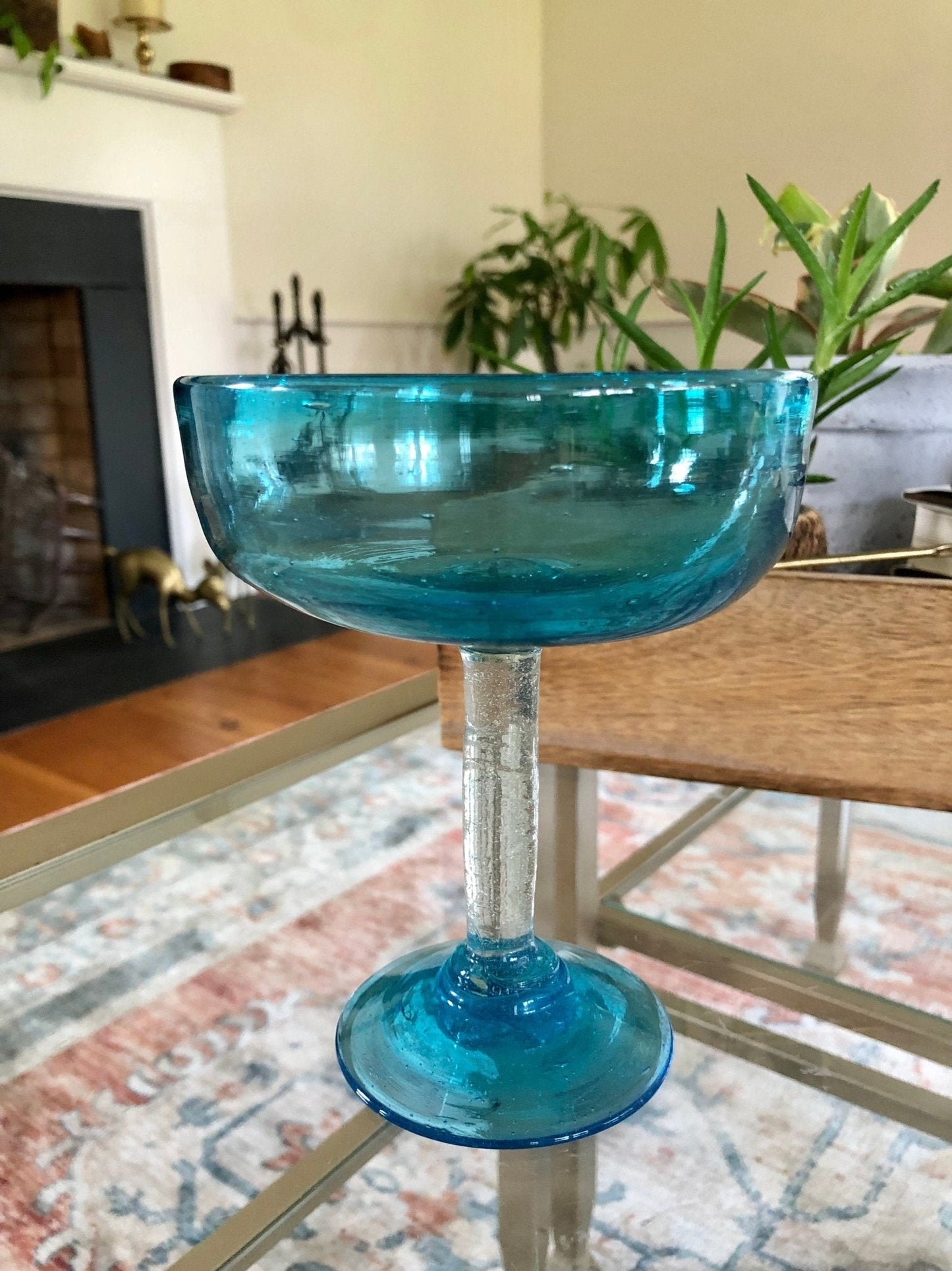 Vintage Pair of Mexican Hand Blown Aqua Blue Margarita Glasses, Bubble Glass, Hand Made - Loom Vintage