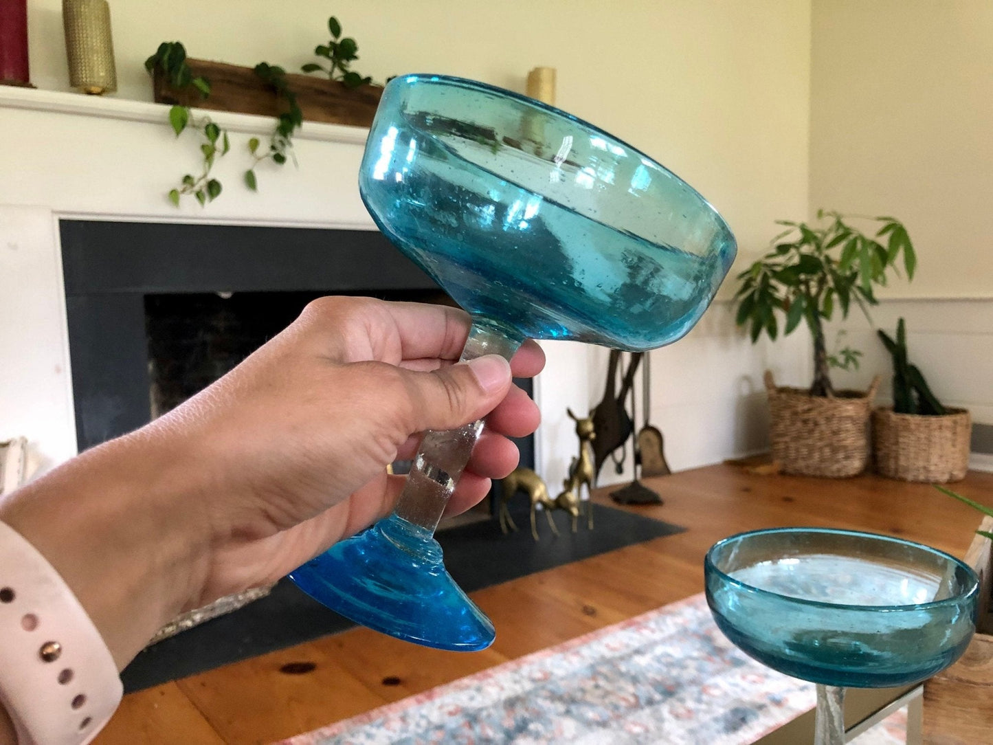 Vintage Pair of Mexican Hand Blown Aqua Blue Margarita Glasses, Bubble Glass, Hand Made - Loom Vintage