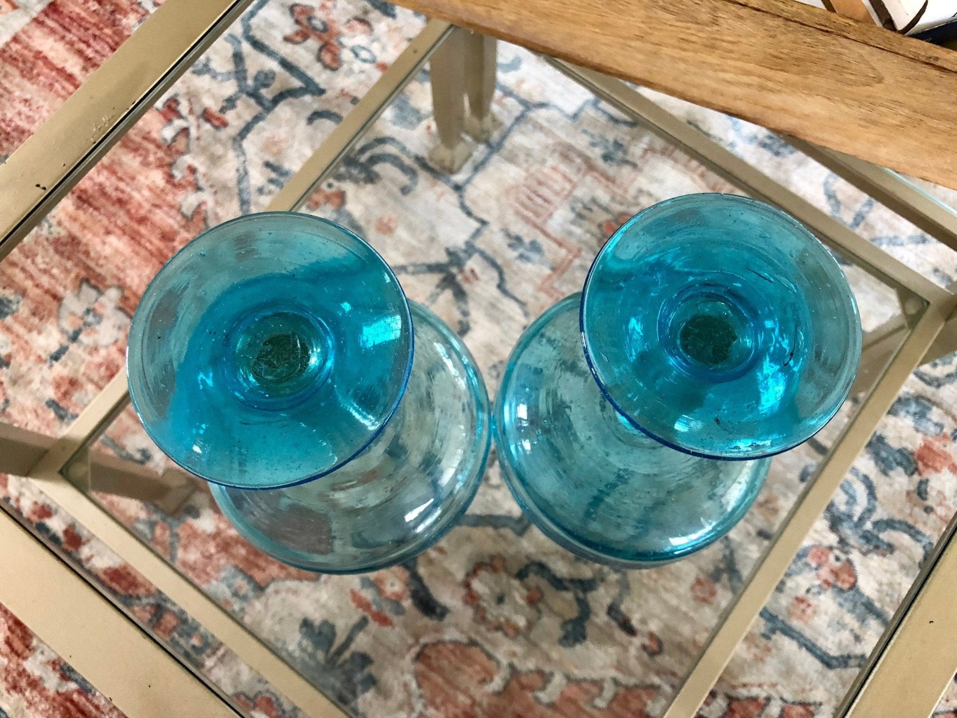 Vintage Pair of Mexican Hand Blown Aqua Blue Margarita Glasses, Bubble Glass, Hand Made - Loom Vintage