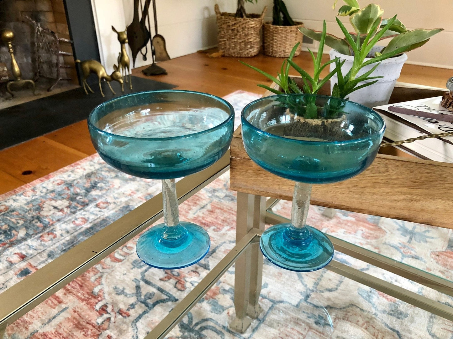 Vintage Pair of Mexican Hand Blown Aqua Blue Margarita Glasses, Bubble Glass, Hand Made - Loom Vintage