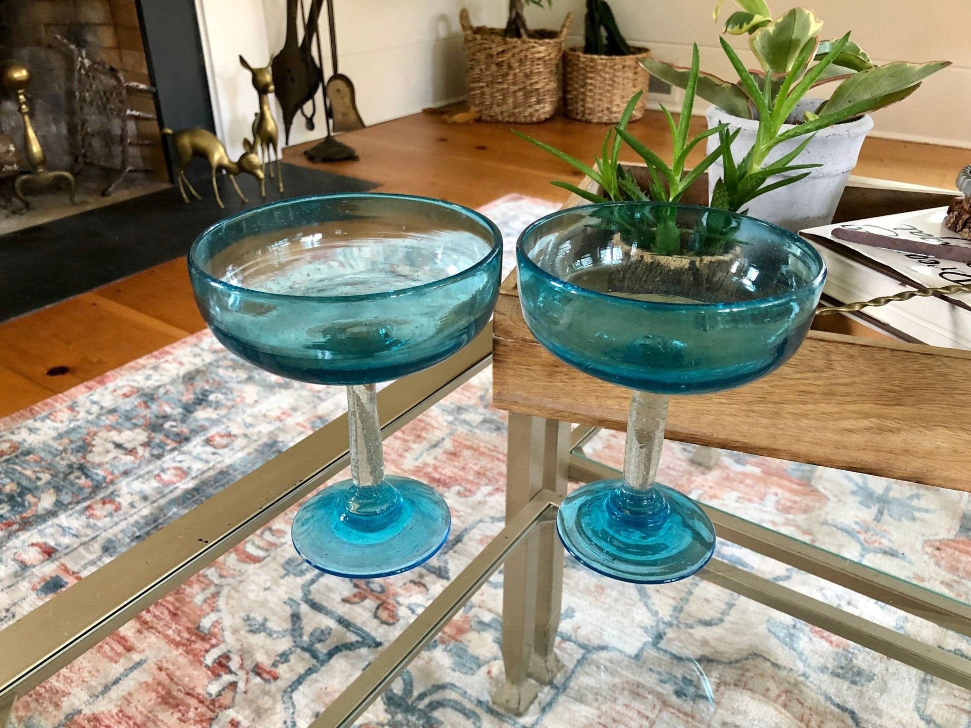 Vintage Pair of Mexican Hand Blown Aqua Blue Margarita Glasses, Bubble Glass, Hand Made - Loom Vintage