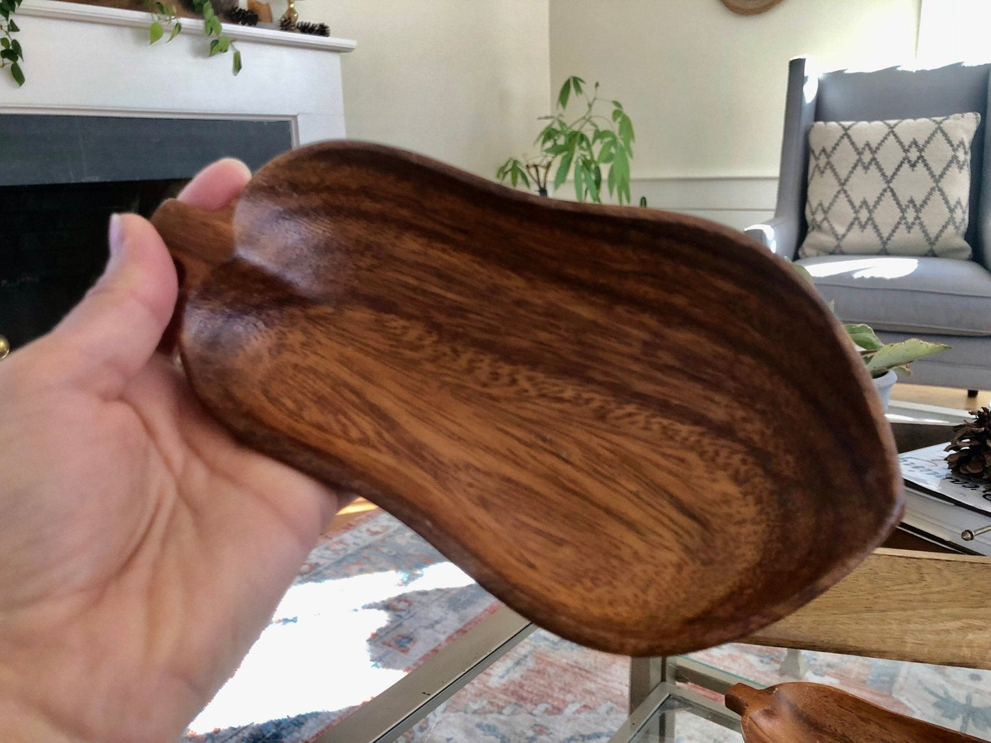 Vintage Pair of Pear Shape Monkey Pods, Wood Trays, small wooden pear shape trays, small wood trays, fruit shape monkey pods - Loom Vintage