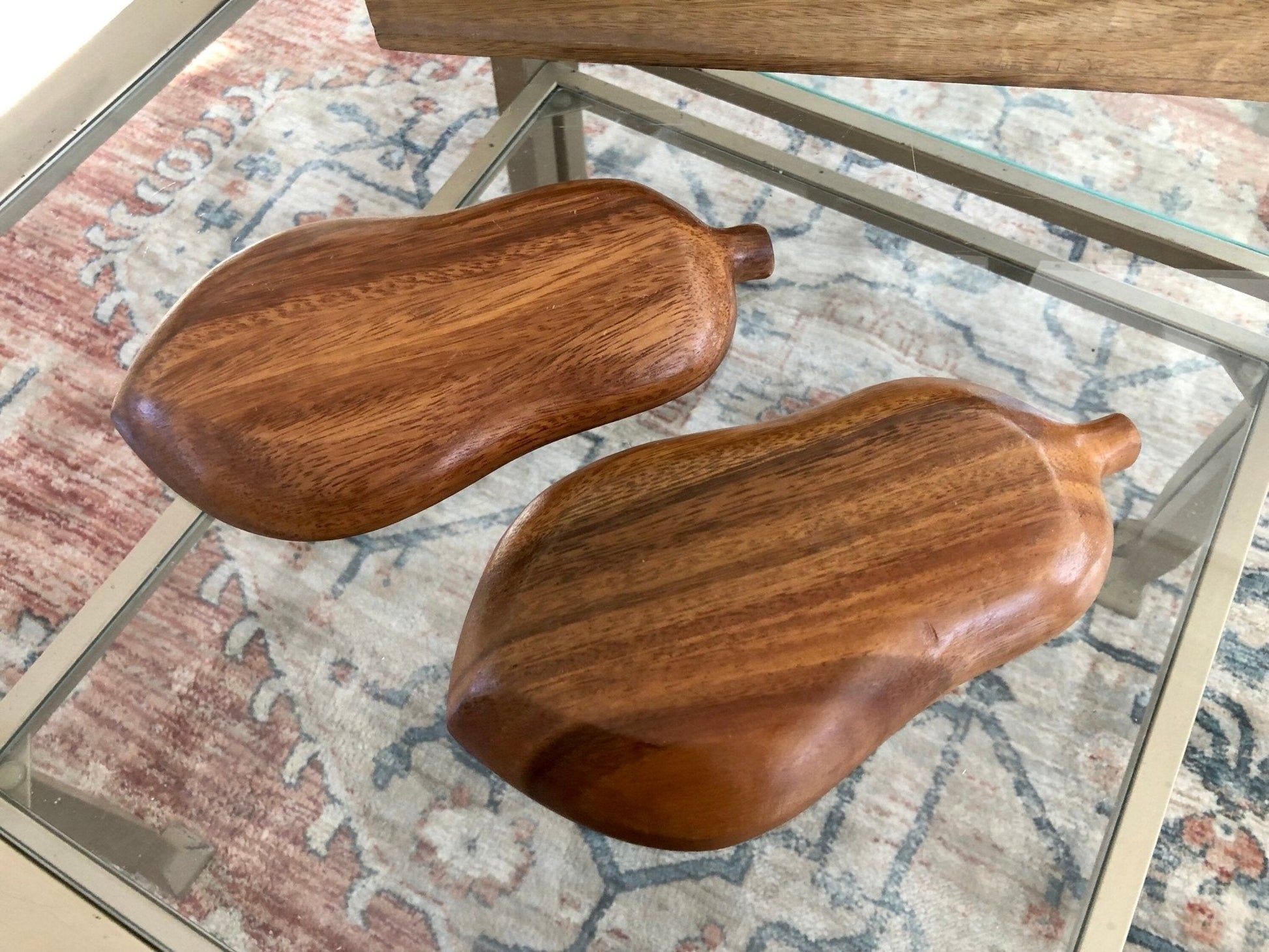 Vintage Pair of Pear Shape Monkey Pods, Wood Trays, small wooden pear shape trays, small wood trays, fruit shape monkey pods - Loom Vintage
