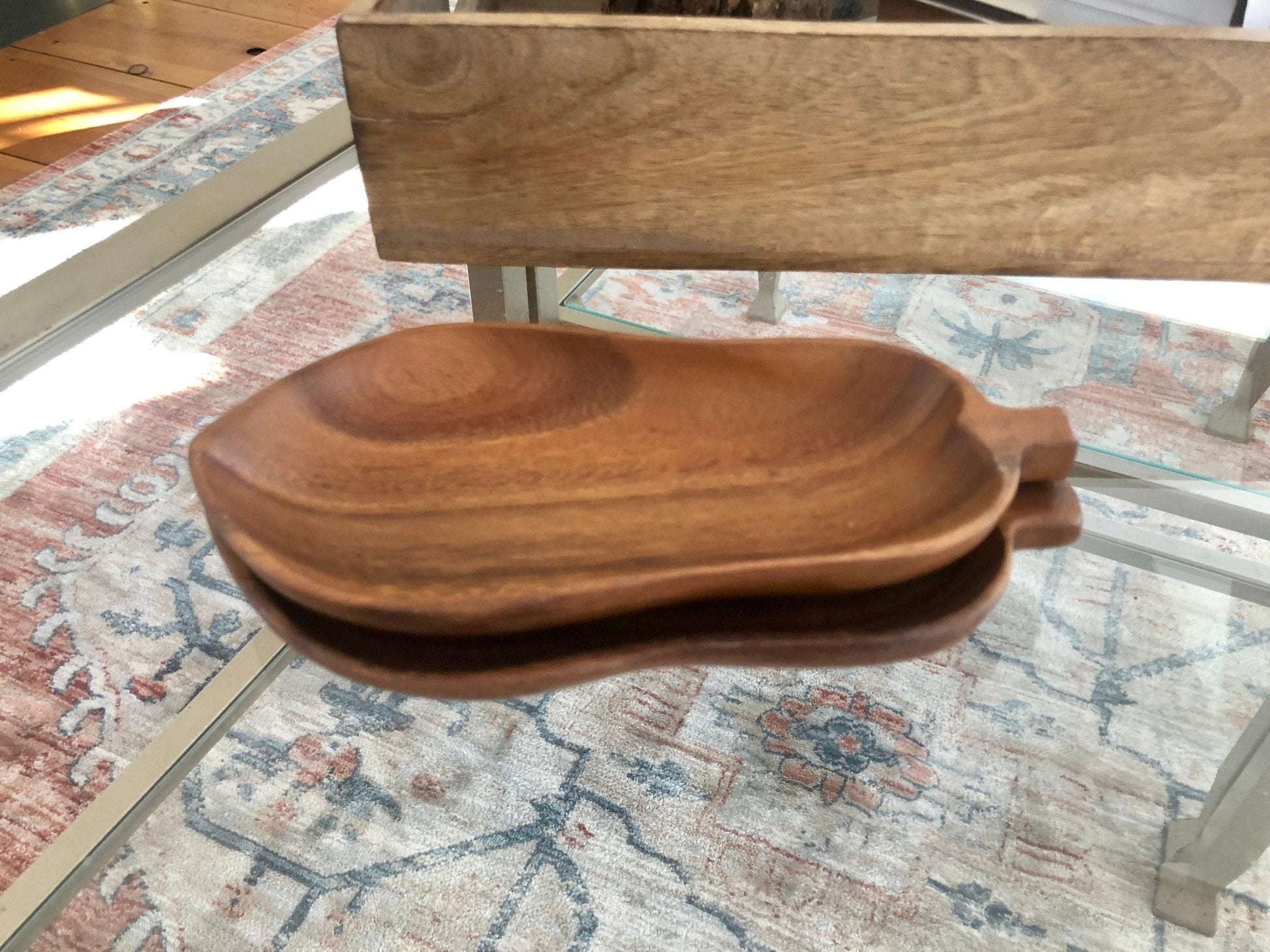 Vintage Pair of Pear Shape Monkey Pods, Wood Trays, small wooden pear shape trays, small wood trays, fruit shape monkey pods - Loom Vintage