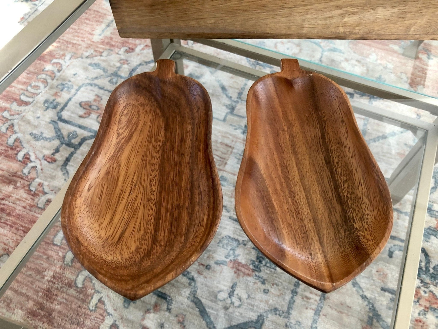 Vintage Pair of Pear Shape Monkey Pods, Wood Trays, small wooden pear shape trays, small wood trays, fruit shape monkey pods - Loom Vintage