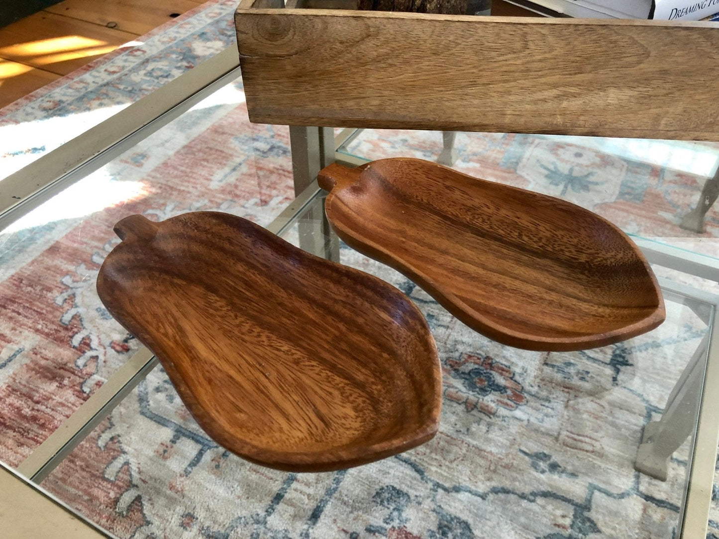 Vintage Pair of Pear Shape Monkey Pods, Wood Trays, small wooden pear shape trays, small wood trays, fruit shape monkey pods - Loom Vintage