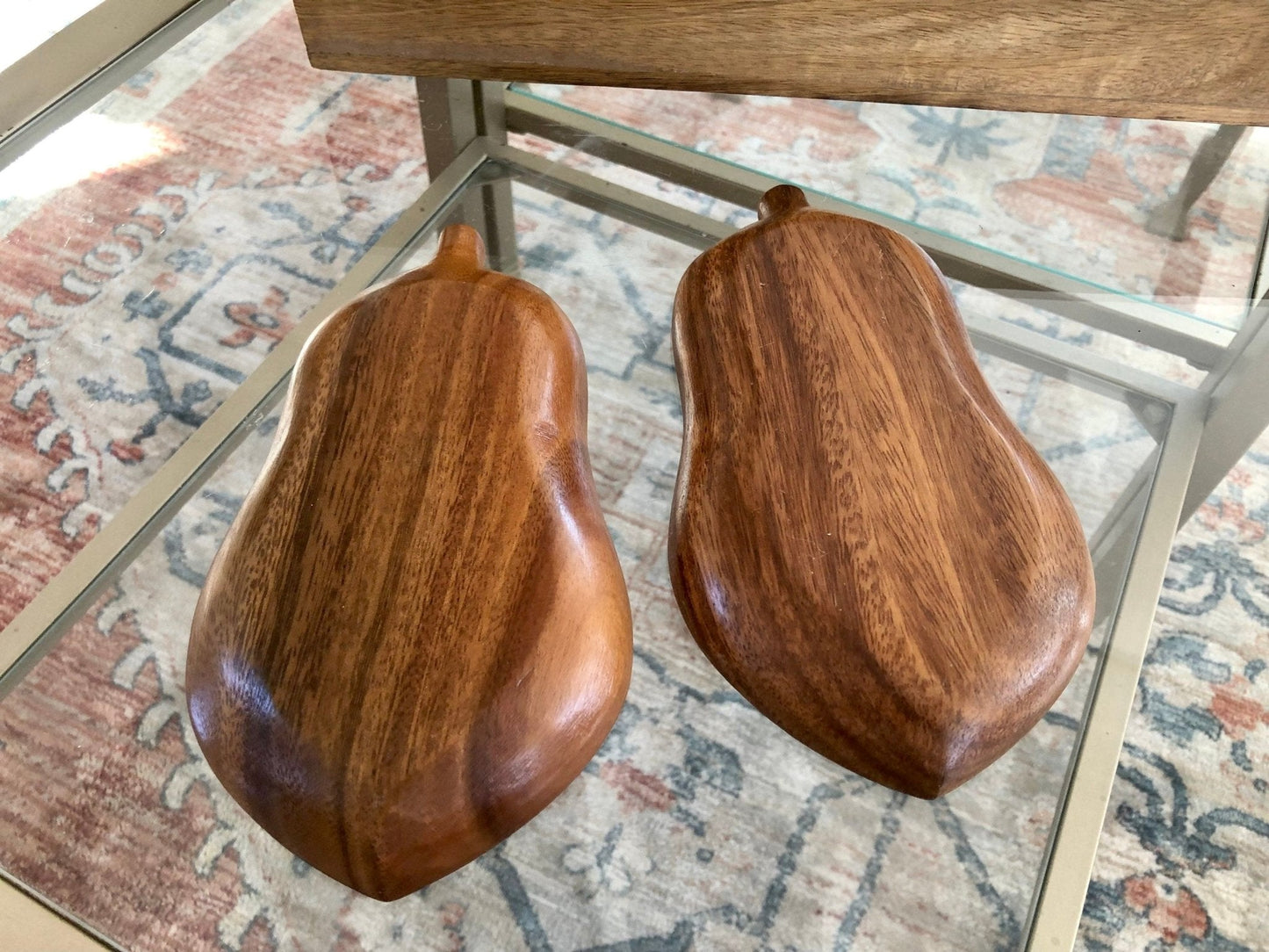 Vintage Pair of Pear Shape Monkey Pods, Wood Trays, small wooden pear shape trays, small wood trays, fruit shape monkey pods - Loom Vintage