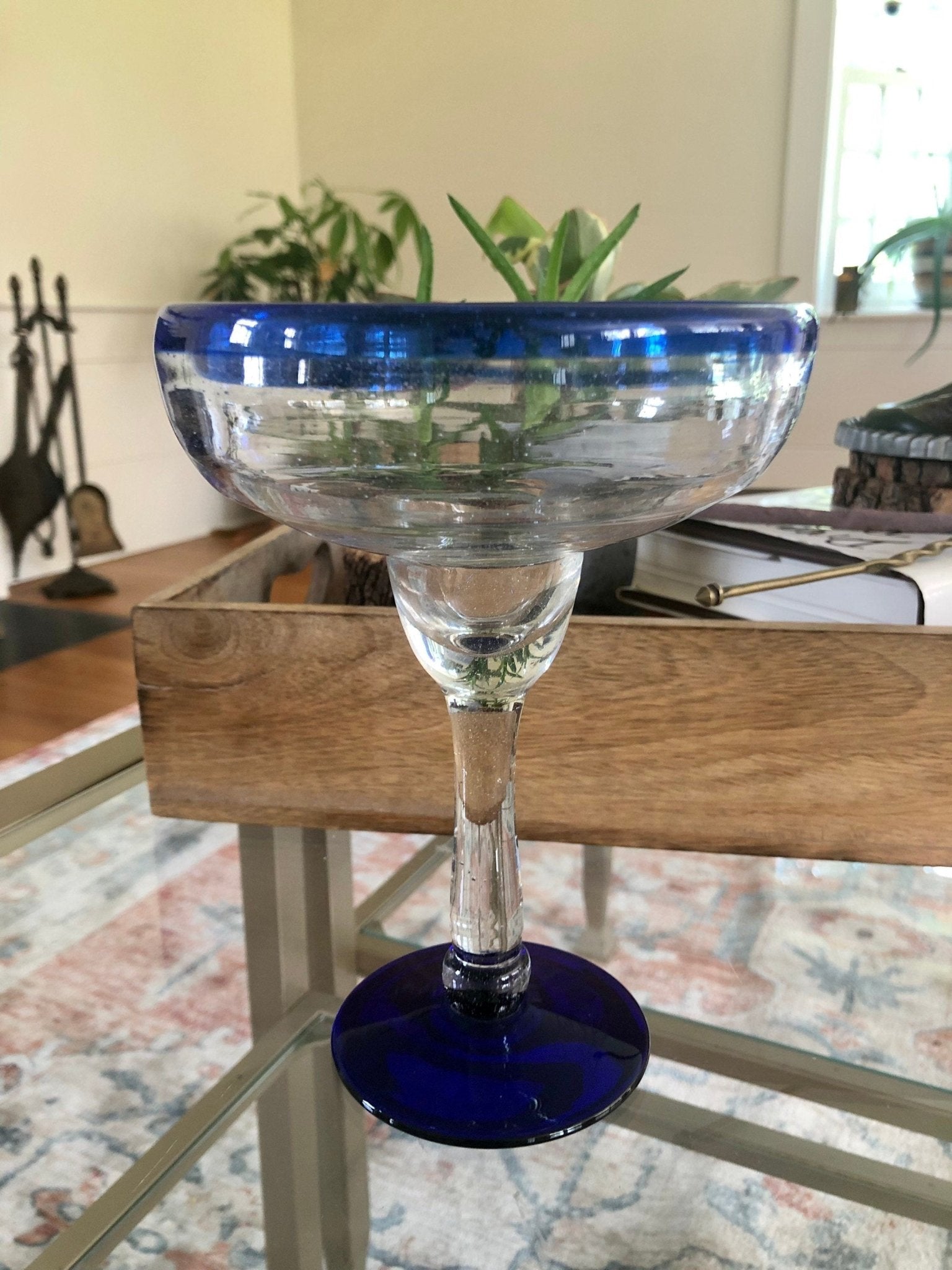 Vintage Pair of Signed E. Cointreau Mexican Hand Blown Cobalt Blue - Rimmed Margarita Glasses - Loom Vintage