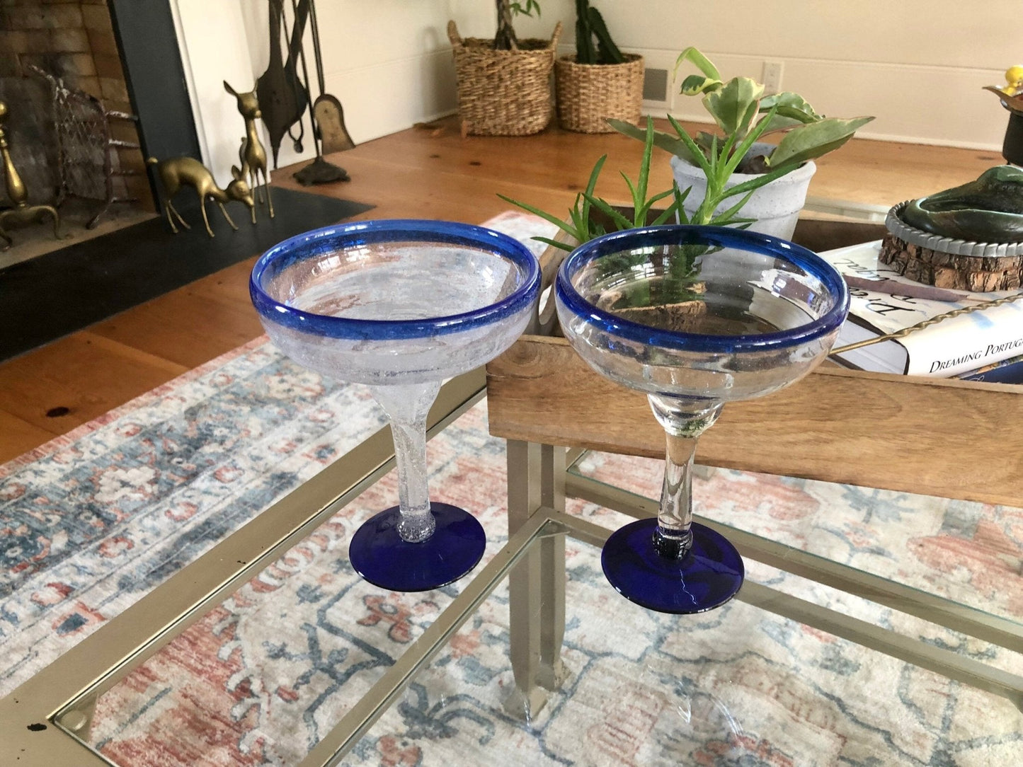 Vintage Pair of Signed E. Cointreau Mexican Hand Blown Cobalt Blue - Rimmed Margarita Glasses - Loom Vintage