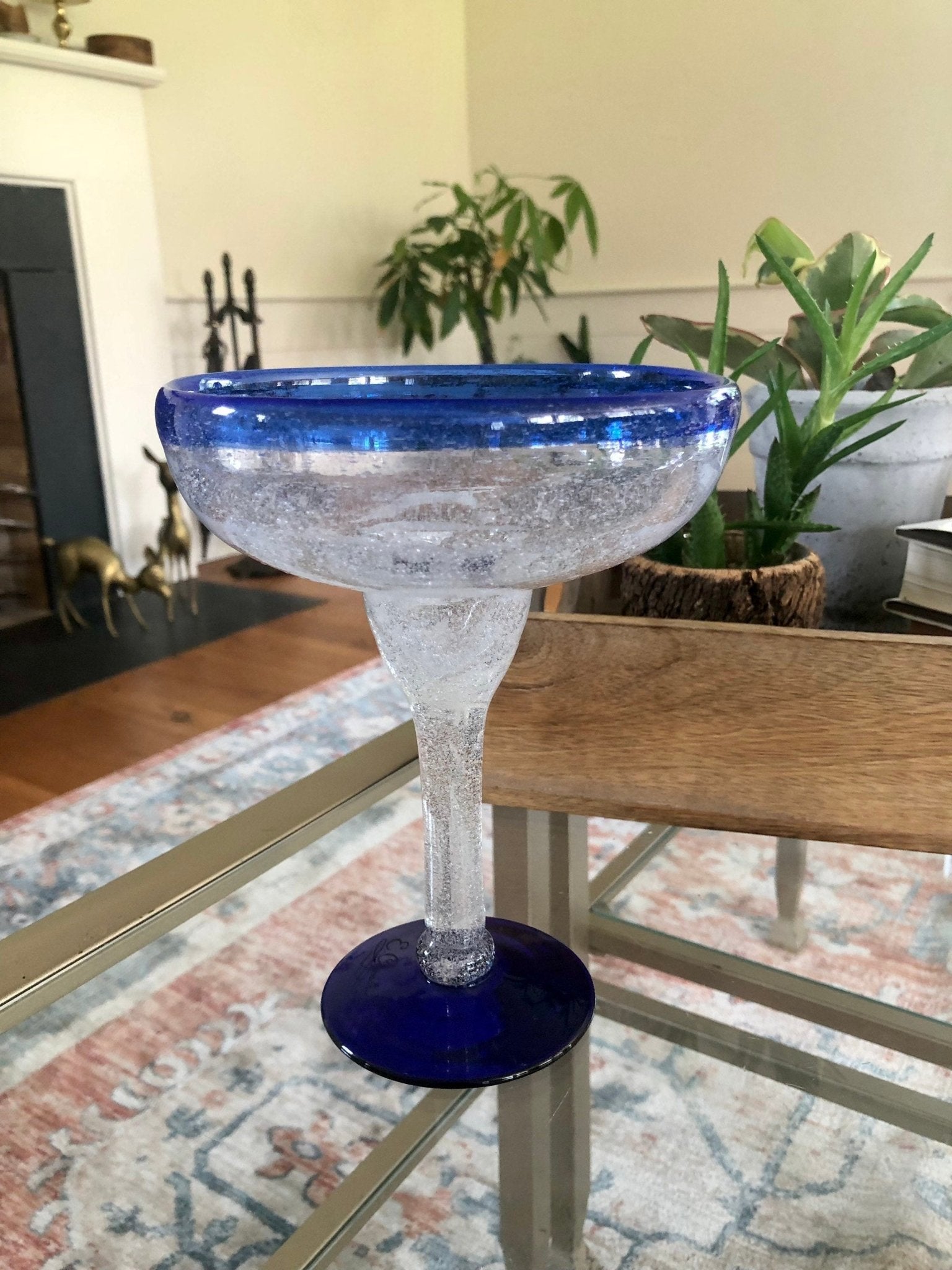 Vintage Pair of Signed E. Cointreau Mexican Hand Blown Cobalt Blue - Rimmed Margarita Glasses - Loom Vintage
