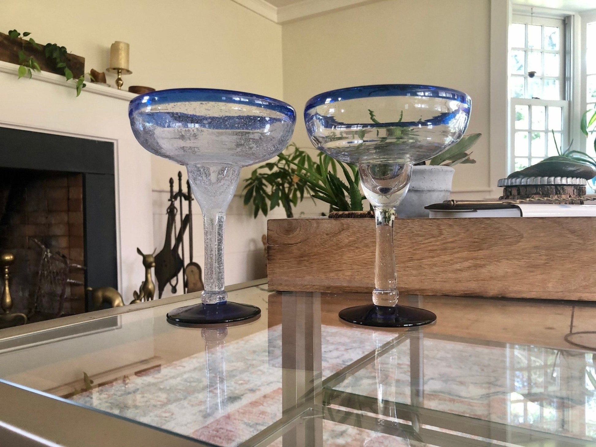 Vintage Pair of Signed E. Cointreau Mexican Hand Blown Cobalt Blue - Rimmed Margarita Glasses - Loom Vintage