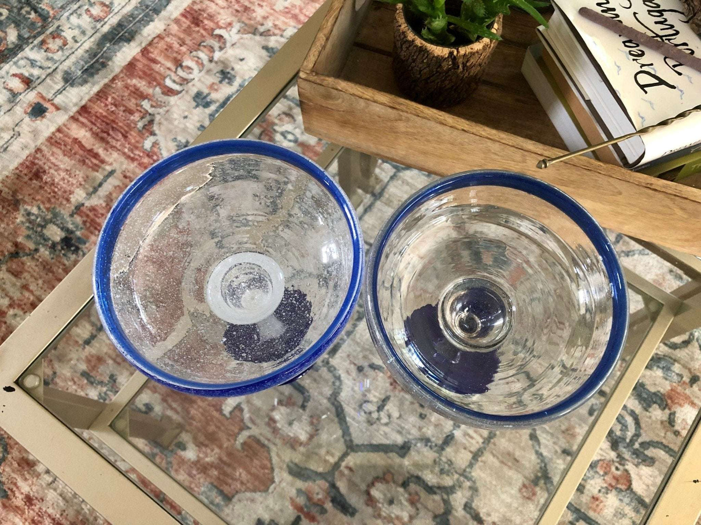 Vintage Pair of Signed E. Cointreau Mexican Hand Blown Cobalt Blue - Rimmed Margarita Glasses - Loom Vintage
