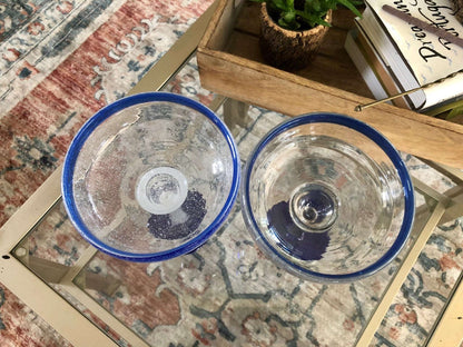 Vintage Pair of Signed E. Cointreau Mexican Hand Blown Cobalt Blue - Rimmed Margarita Glasses - Loom Vintage