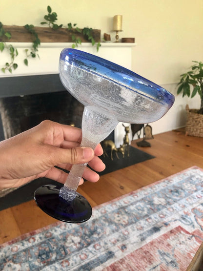 Vintage Pair of Signed E. Cointreau Mexican Hand Blown Cobalt Blue - Rimmed Margarita Glasses - Loom Vintage