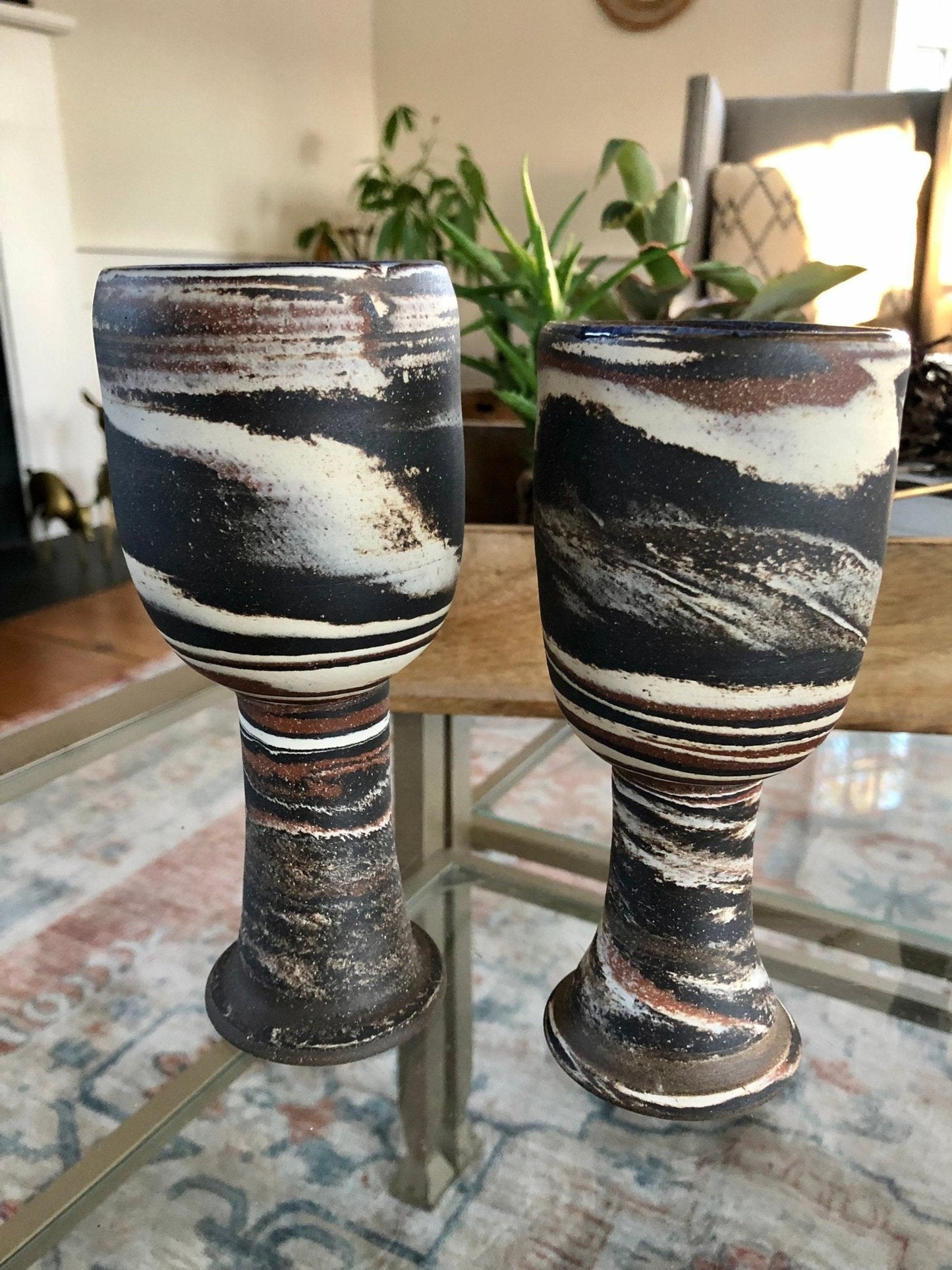 Vintage Pair of Studio Pottery Wine Glasses/ Goblets, Mid Century Pottery, Barware, Retro - Loom Vintage