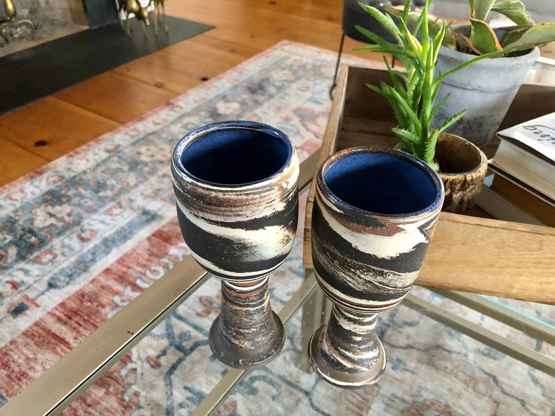 Vintage Pair of Studio Pottery Wine Glasses/ Goblets, Mid Century Pottery, Barware, Retro - Loom Vintage