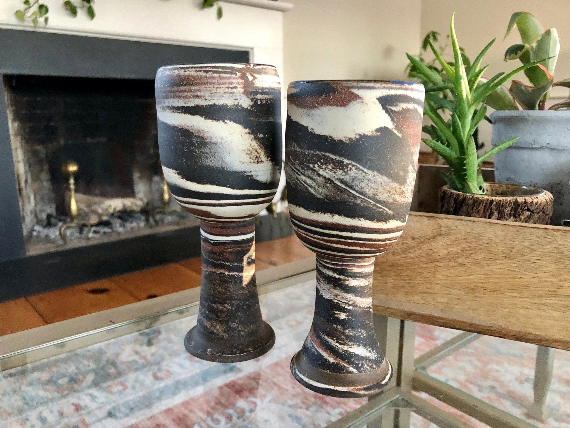 Vintage Pair of Studio Pottery Wine Glasses/ Goblets, Mid Century Pottery, Barware, Retro - Loom Vintage