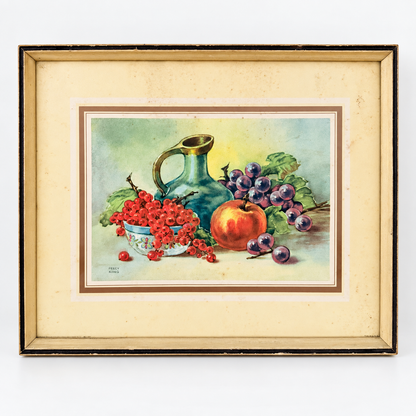 Vintage Percy King fruit still life print with green jug, red currants, apple and grapes in cream and black frame, photo 1 of 5