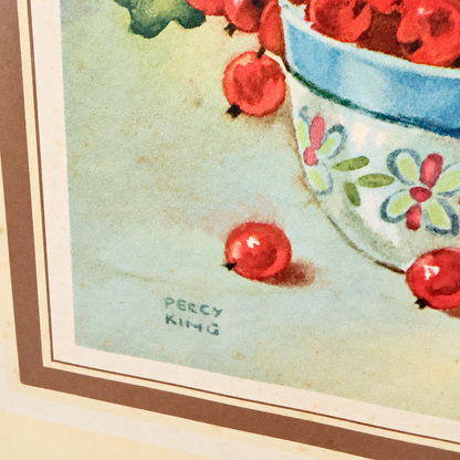 Close-up of Percy King signature beside red currants and painted bowl, photo 3 of 5
