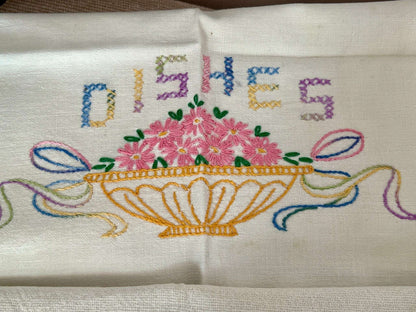 Vintage Petit Point Linen Hand - Embroidered Kitchen Towels, Embroidery Dish Towels, Table Linens, Apple, Basket Stitch - Loom Vintage