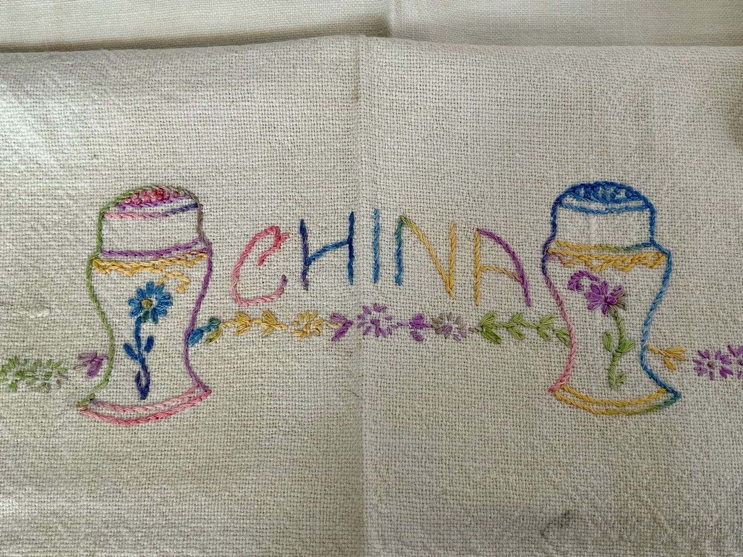 Vintage Petit Point Linen Hand - Embroidered Kitchen Towels, Embroidery Dish Towels, Table Linens, Apple, Basket Stitch - Loom Vintage