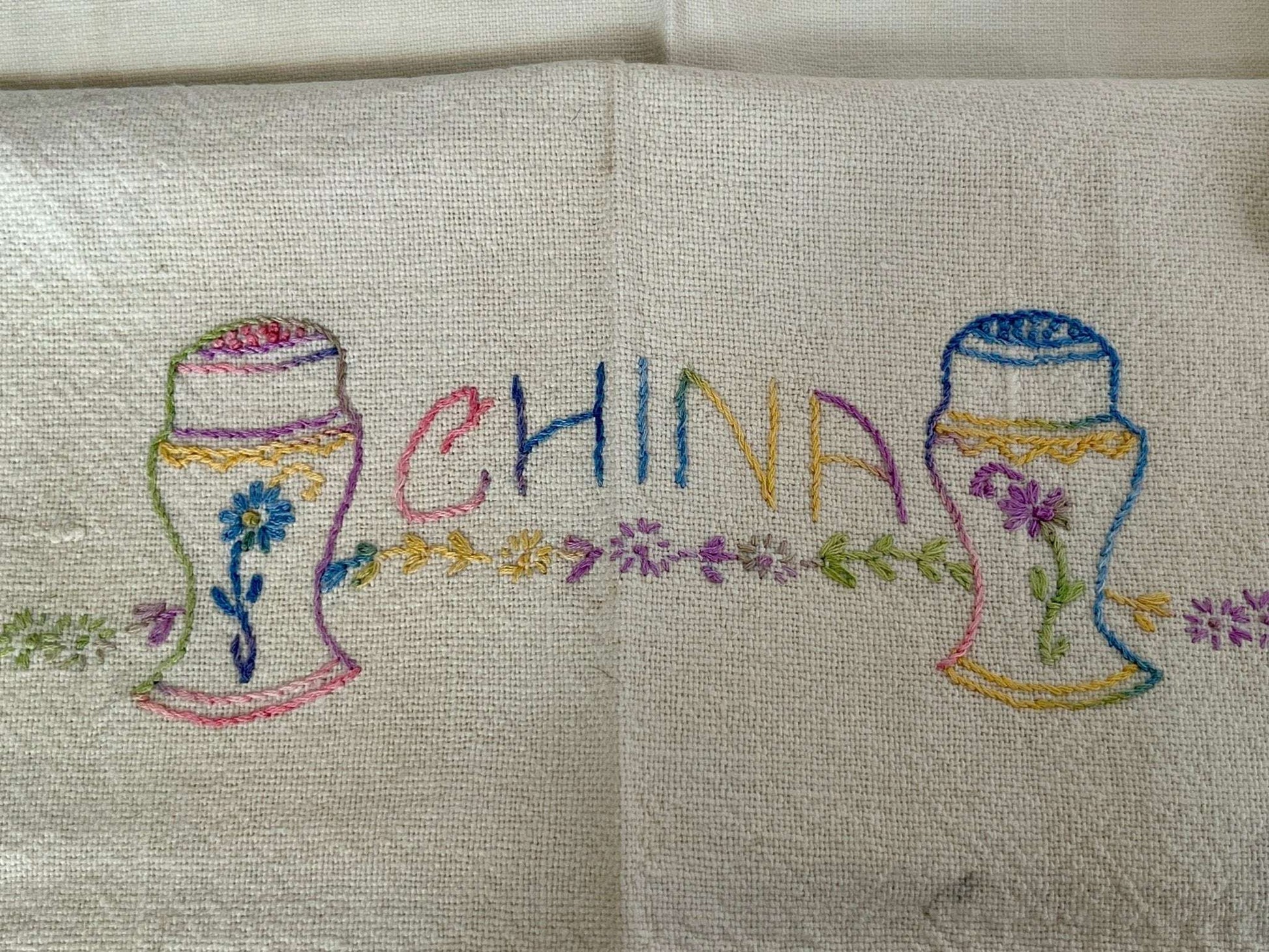 Vintage Petit Point Linen Hand - Embroidered Kitchen Towels, Embroidery Dish Towels, Table Linens, Apple, Basket Stitch - Loom Vintage
