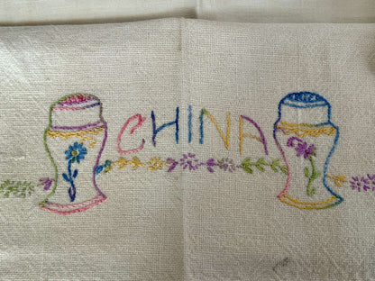 Vintage Petit Point Linen Hand - Embroidered Kitchen Towels, Embroidery Dish Towels, Table Linens, Apple, Basket Stitch - Loom Vintage