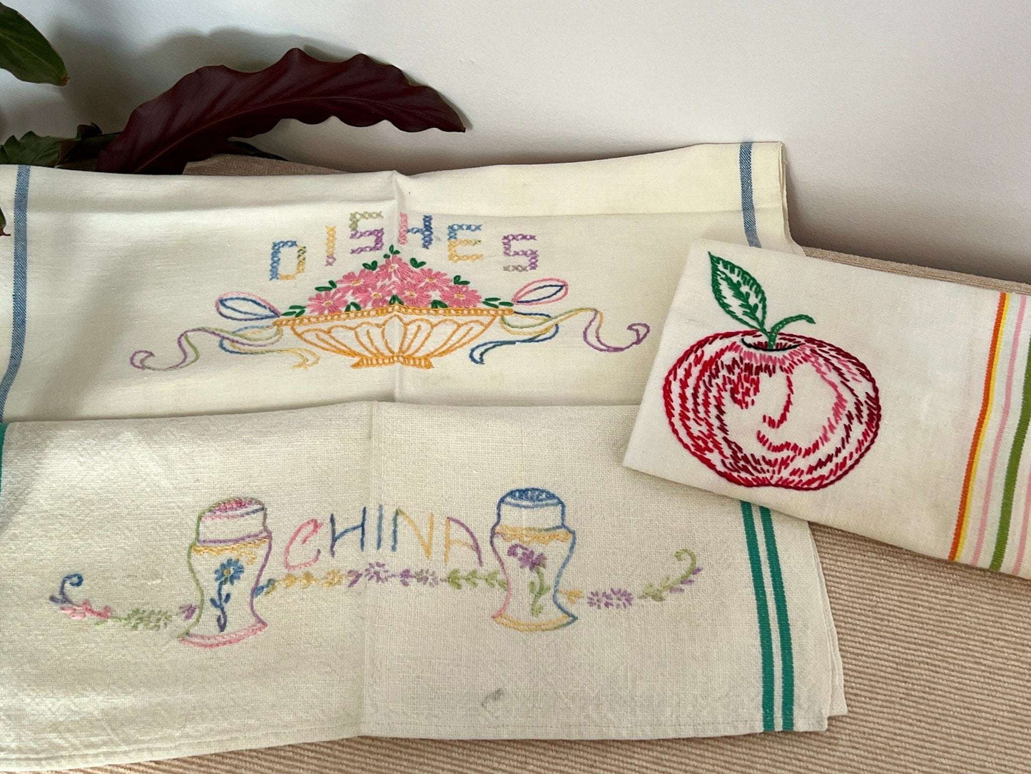 Vintage Petit Point Linen Hand - Embroidered Kitchen Towels, Embroidery Dish Towels, Table Linens, Apple, Basket Stitch - Loom Vintage