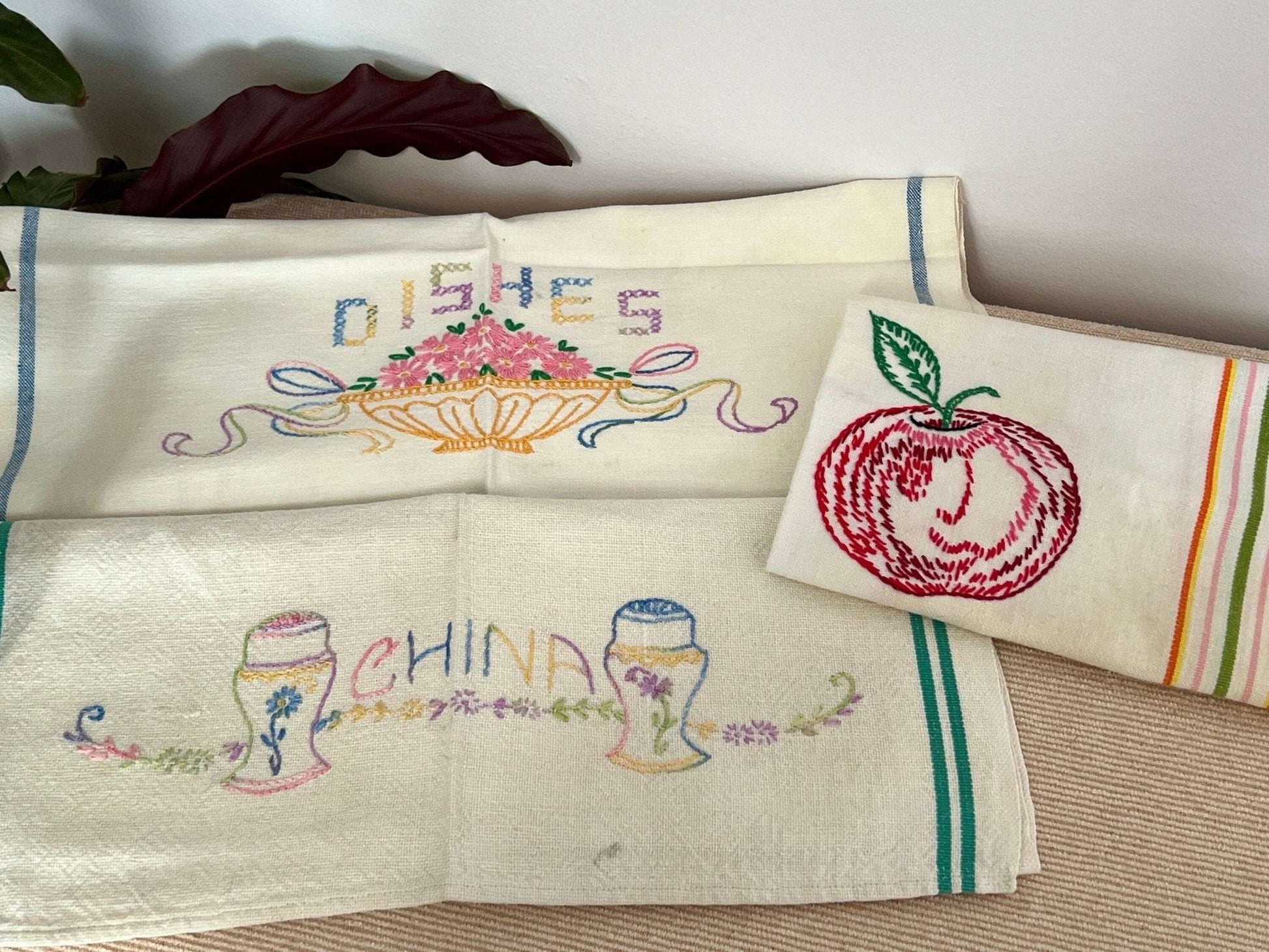 Vintage Petit Point Linen Hand - Embroidered Kitchen Towels, Embroidery Dish Towels, Table Linens, Apple, Basket Stitch - Loom Vintage
