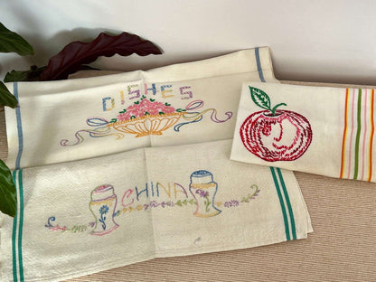 Vintage Petit Point Linen Hand - Embroidered Kitchen Towels, Embroidery Dish Towels, Table Linens, Apple, Basket Stitch - Loom Vintage