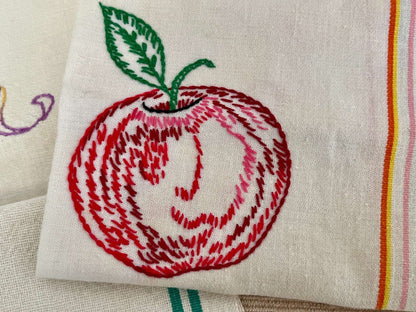 Vintage Petit Point Linen Hand - Embroidered Kitchen Towels, Embroidery Dish Towels, Table Linens, Apple, Basket Stitch - Loom Vintage