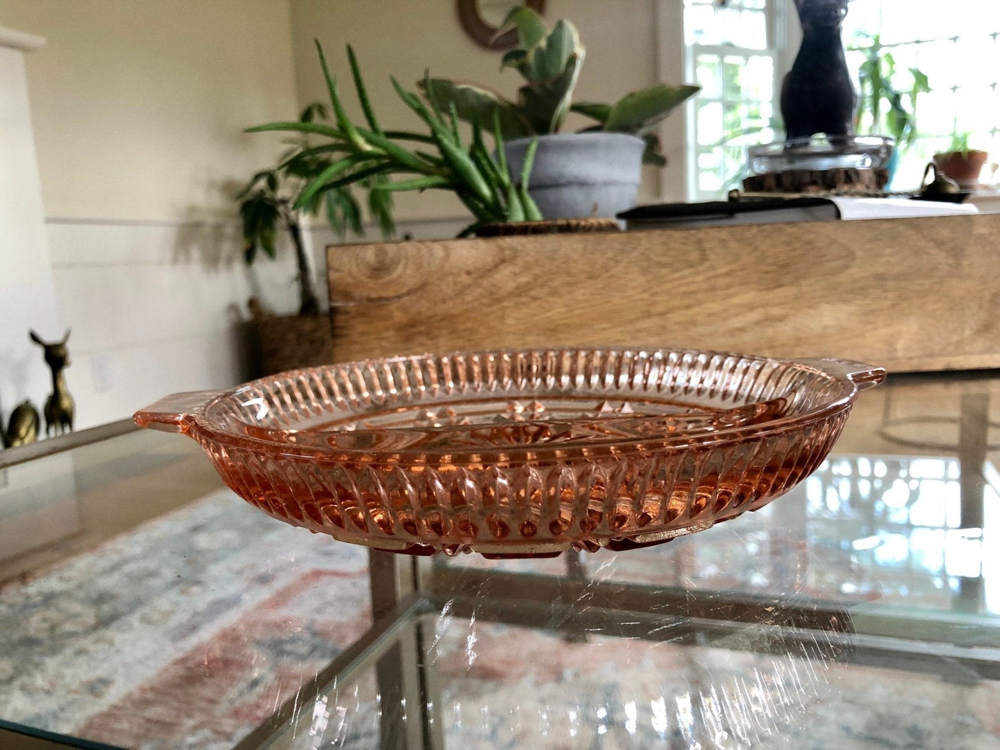 Vintage Pressed Glass Divided Serving Platter, Pink Candy Dish, Divided Plate with Handles, Pink Serving Dish, Tidbit Tray, Serving Plate - Loom Vintage