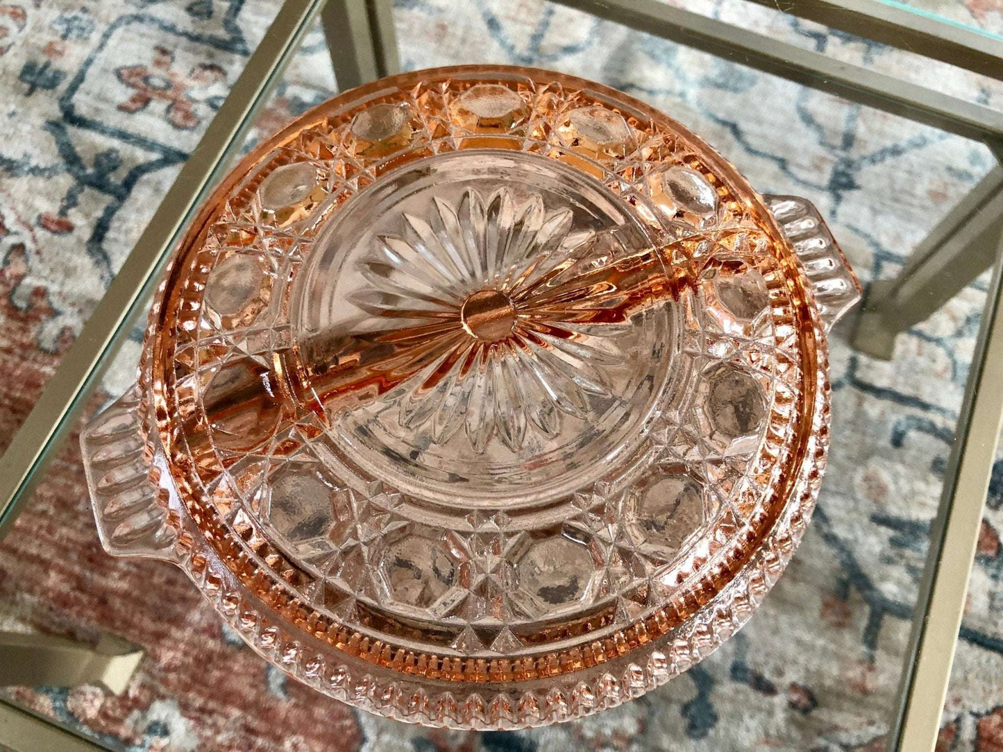 Vintage Pressed Glass Divided Serving Platter, Pink Candy Dish, Divided Plate with Handles, Pink Serving Dish, Tidbit Tray, Serving Plate - Loom Vintage