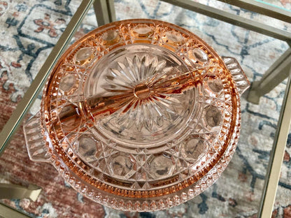 Vintage Pressed Glass Divided Serving Platter, Pink Candy Dish, Divided Plate with Handles, Pink Serving Dish, Tidbit Tray, Serving Plate - Loom Vintage