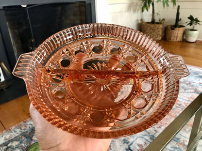Vintage Pressed Glass Divided Serving Platter, Pink Candy Dish, Divided Plate with Handles, Pink Serving Dish, Tidbit Tray, Serving Plate - Loom Vintage