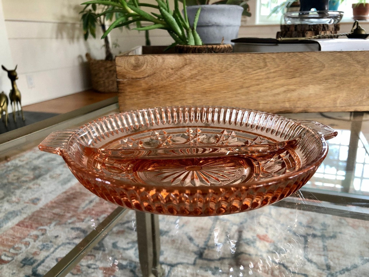 Vintage Pressed Glass Divided Serving Platter, Pink Candy Dish, Divided Plate with Handles, Pink Serving Dish, Tidbit Tray, Serving Plate - Loom Vintage