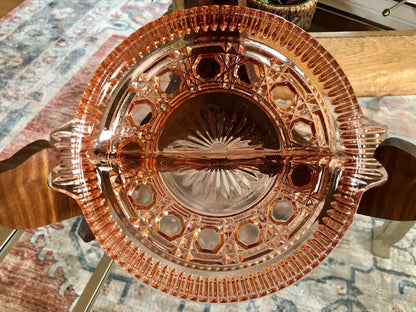 Vintage Pressed Glass Divided Serving Platter, Pink Candy Dish, Divided Plate with Handles, Pink Serving Dish, Tidbit Tray, Serving Plate - Loom Vintage