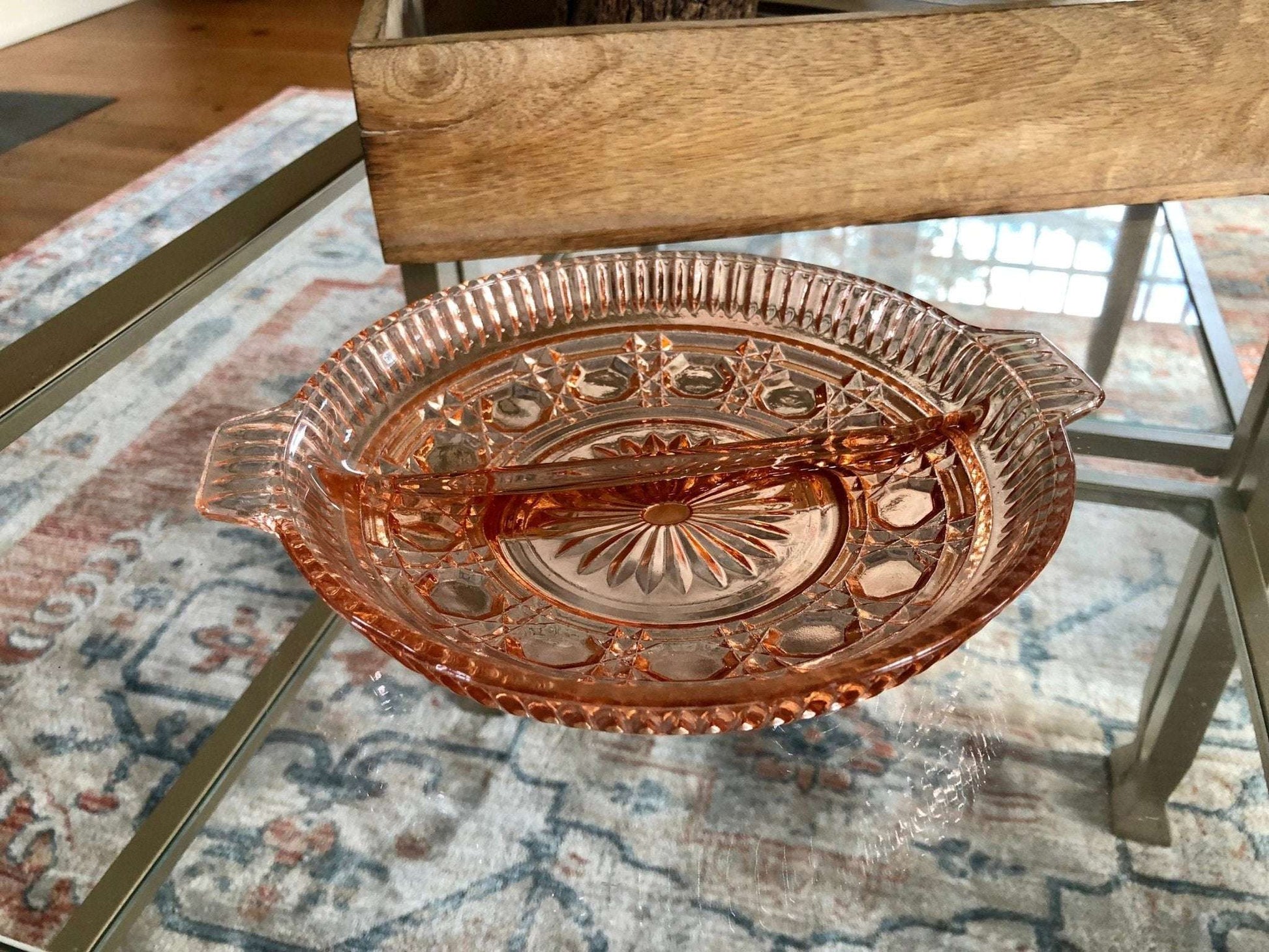 Vintage Pressed Glass Divided Serving Platter, Pink Candy Dish, Divided Plate with Handles, Pink Serving Dish, Tidbit Tray, Serving Plate - Loom Vintage