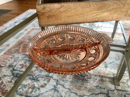 Vintage Pressed Glass Divided Serving Platter, Pink Candy Dish, Divided Plate with Handles, Pink Serving Dish, Tidbit Tray, Serving Plate - Loom Vintage