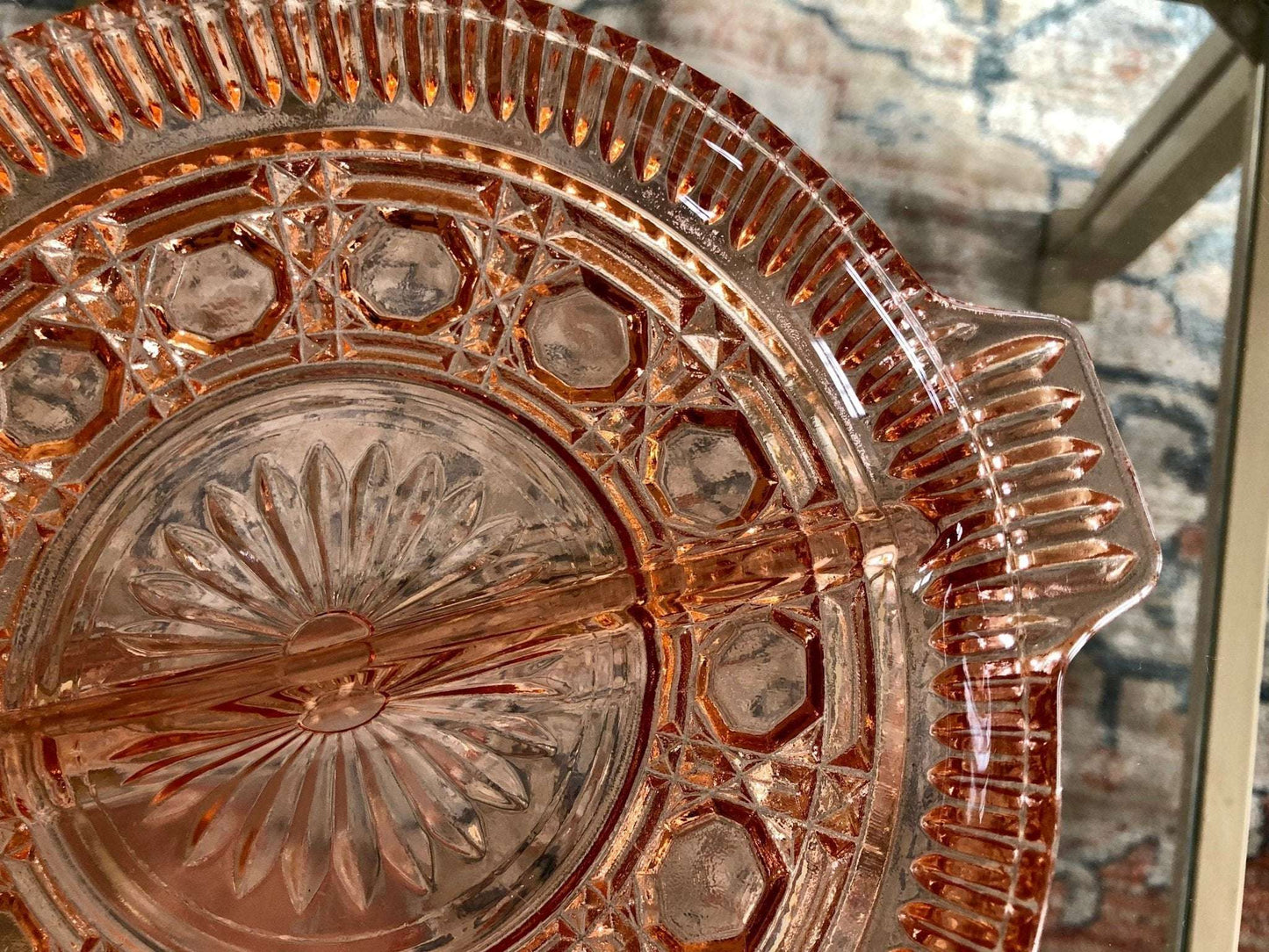 Vintage Pressed Glass Divided Serving Platter, Pink Candy Dish, Divided Plate with Handles, Pink Serving Dish, Tidbit Tray, Serving Plate - Loom Vintage