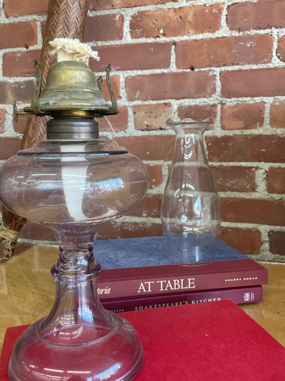 Vintage Purple Glass Oil Lamp with Brass Hardware — 17.25", Clear Chimney, c. Mid-20th Century - Loom Vintage