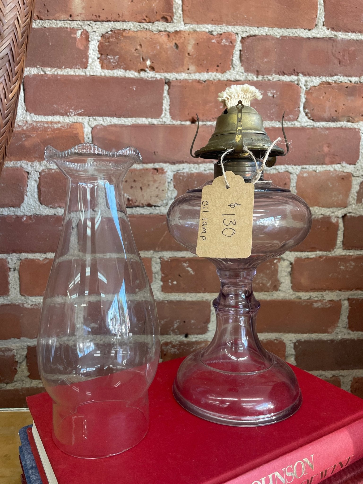 Vintage Purple Glass Oil Lamp with Brass Hardware — 17.25", Clear Chimney, c. Mid-20th Century - Loom Vintage