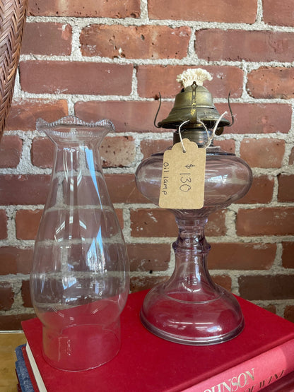 Vintage Purple Glass Oil Lamp with Brass Hardware — 17.25", Clear Chimney, c. Mid-20th Century - Loom Vintage