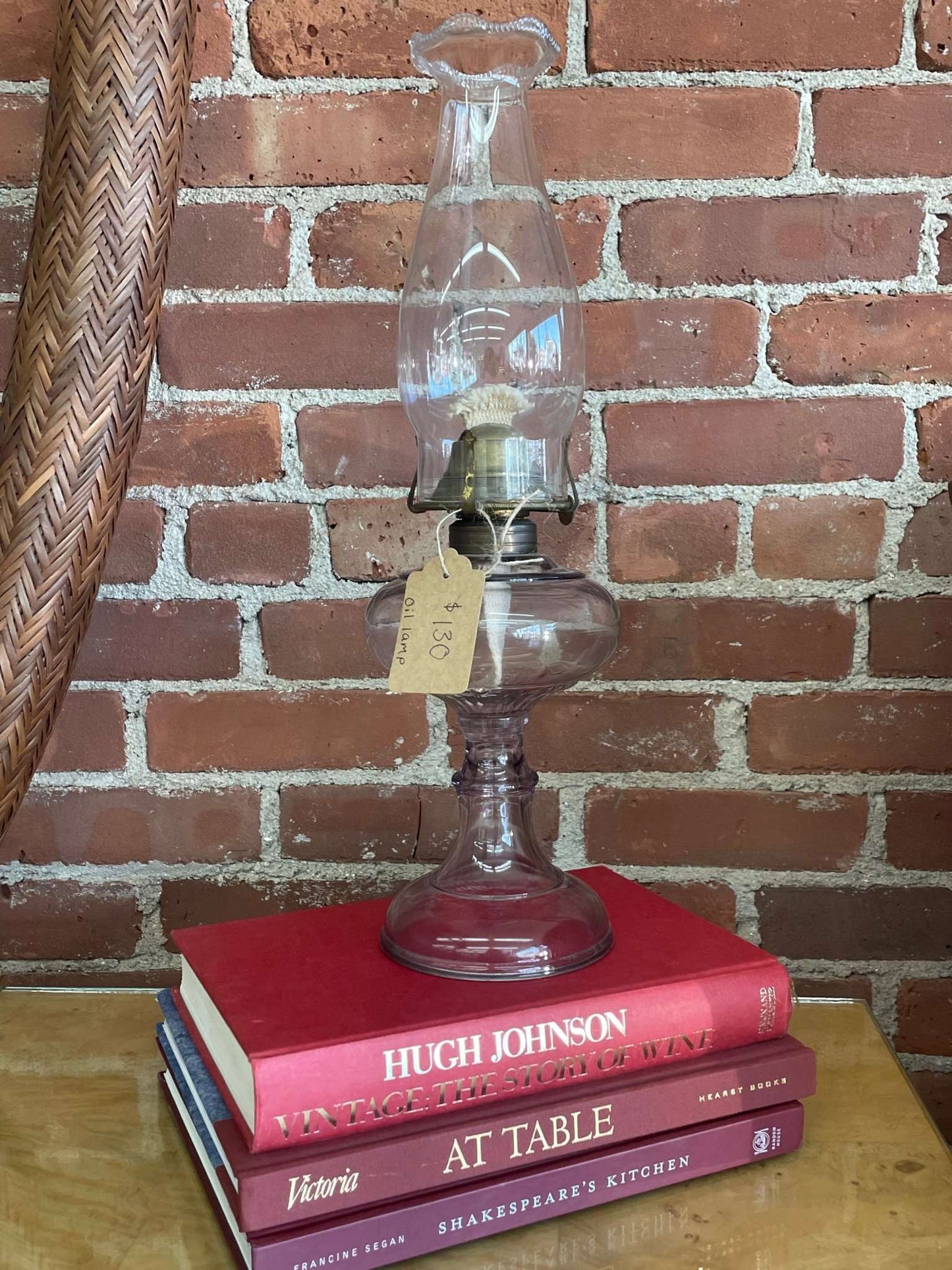 Vintage Purple Glass Oil Lamp with Brass Hardware — 17.25", Clear Chimney, c. Mid-20th Century - Loom Vintage