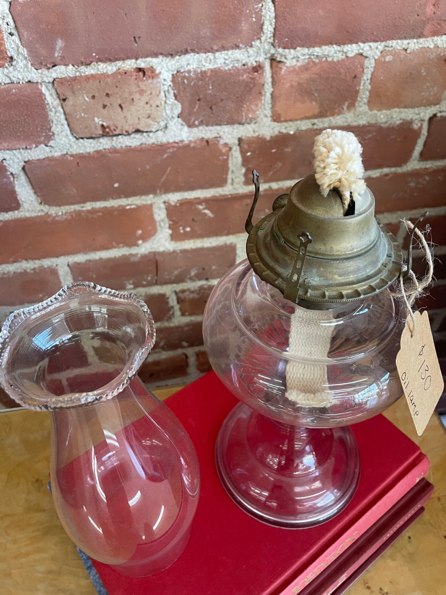 Vintage Purple Glass Oil Lamp with Brass Hardware — 17.25", Clear Chimney, c. Mid-20th Century - Loom Vintage