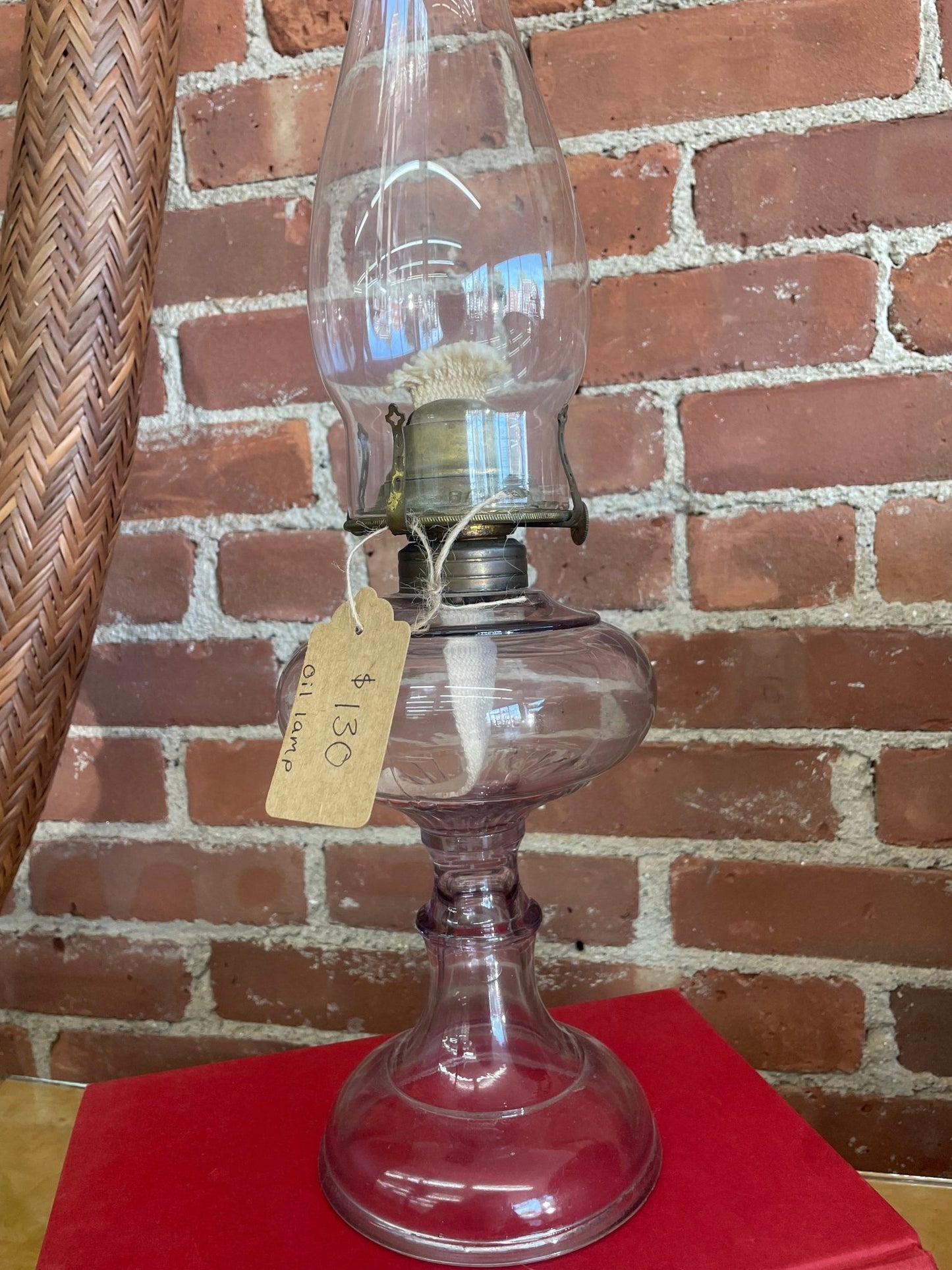 Vintage Purple Glass Oil Lamp with Brass Hardware — 17.25", Clear Chimney, c. Mid-20th Century - Loom Vintage