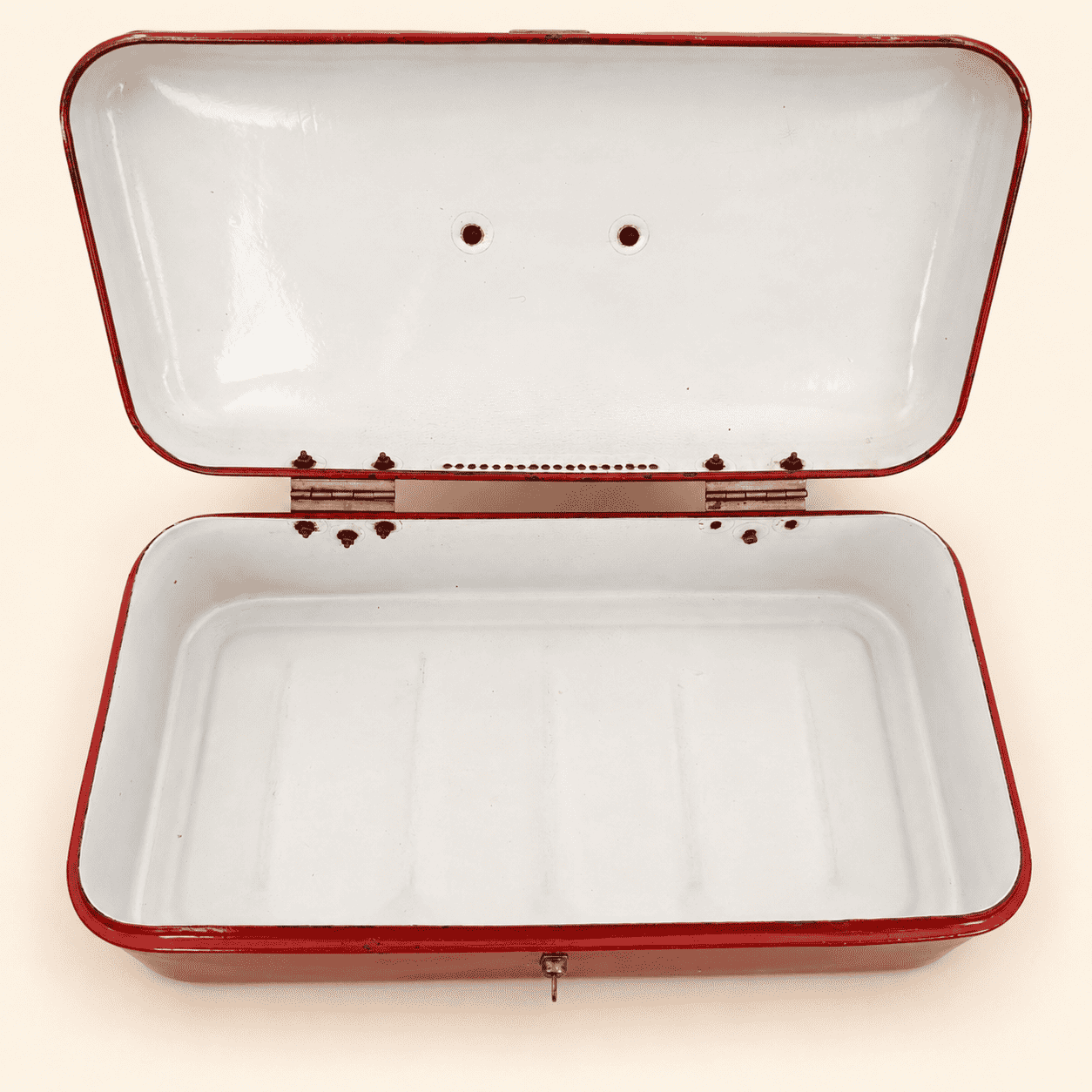 Interior of the lid showing hinge, latch catch, and mounting holes