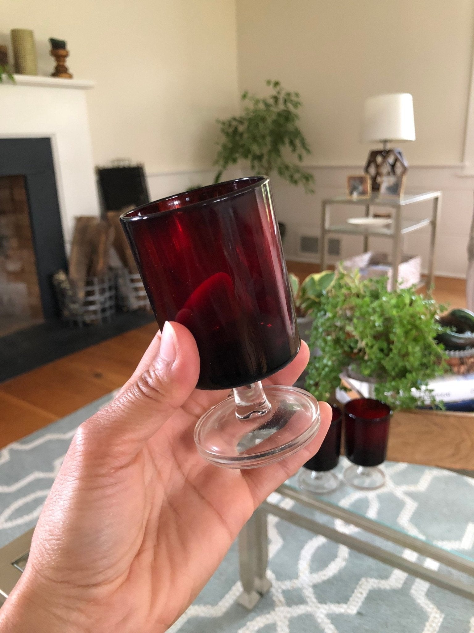 Vintage Red Luminarc Glasses / Made in France - 6 Footed Glasses - wine glass, Barware - Loom Vintage