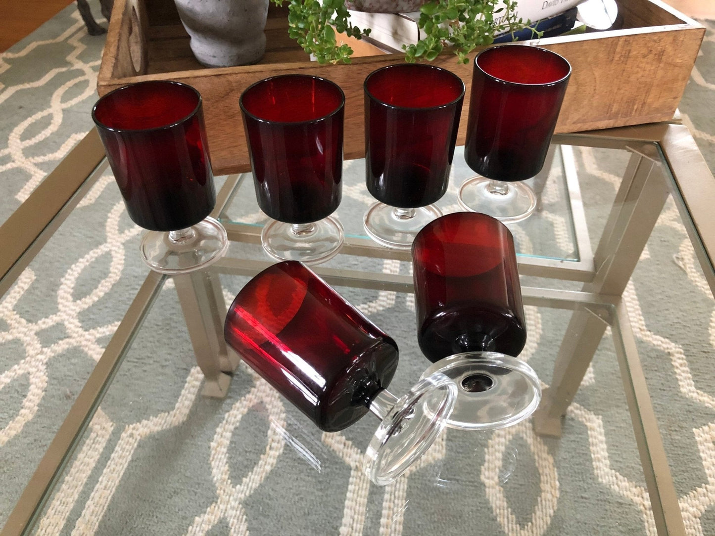 Vintage Red Luminarc Glasses / Made in France - 6 Footed Glasses - wine glass, Barware - Loom Vintage