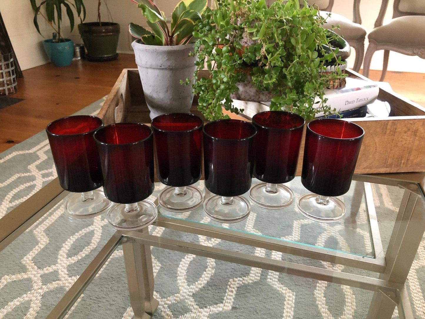 Vintage Red Luminarc Glasses / Made in France - 6 Footed Glasses - wine glass, Barware - Loom Vintage